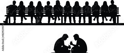 Silhouettes of diverse people sitting on a bench and two individuals chatting on the ground, depicting social interaction, community, conversation, relaxation