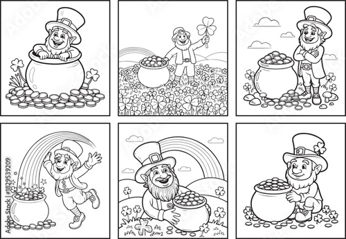 St Patrick's day leprechaun with pot of golds Irish luck coloring page bundle for kids, black line art vector illustration doodle set 