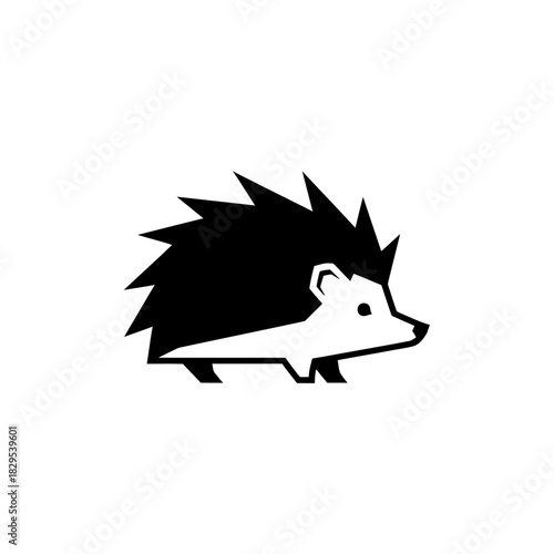 Minimalist flat design logo of simple black and white icon of a hedgehog facing right, vector template