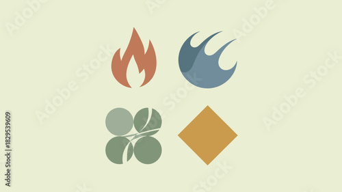 Four stylized elemental icons arranged in a square formation on a light beige colored background design