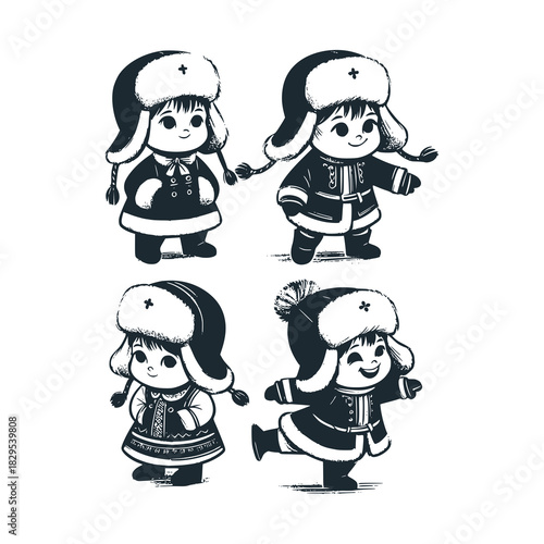 Children's line scribble of playful girl with ushanka