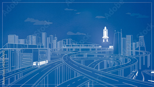 Fototapeta Naklejka Na Ścianę i Meble -  Modern city blueprint with futuristic transport options like train, truck, and space shuttle for innovative transportation solutions, infrastructure planning, and urban development concepts