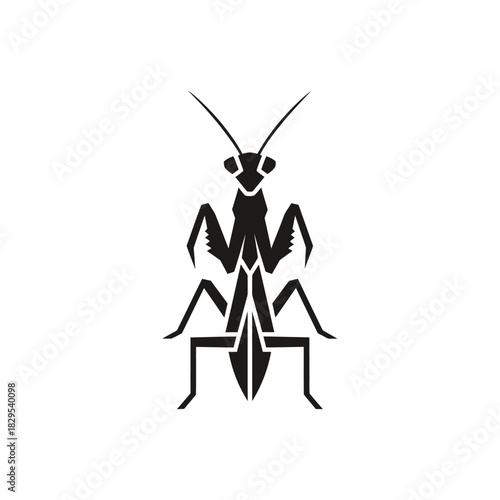 Minimalist flat design logo of black and white stylized icon of a praying mantis vector template