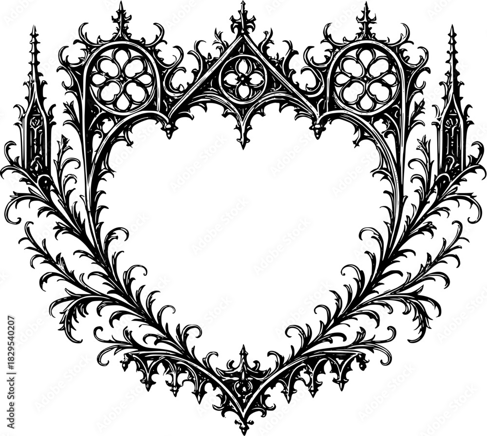 Fototapeta premium intricate gothic heart-shaped frame with ornate medieval architectural details, pointed arches, floral flourishes, quatrefoil motifs, and decorative spires in detailed black and white illustration
