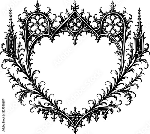 intricate gothic heart-shaped frame with ornate medieval architectural details, pointed arches, floral flourishes, quatrefoil motifs, and decorative spires in detailed black and white illustration