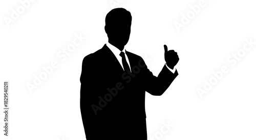 Silhouette of a man in a suit giving a thumbs up against a white background in a studio shot