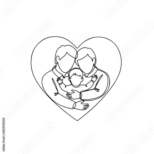 Adoption pets are celebrated with this simple line art showing child with two male parents. This adoption pets artwork illustrates family and love through minimalist design.