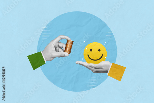 Creative collage art of a man's hand holding coins exchanging with a hand holding a happy smiling. Money buys happiness or credibility