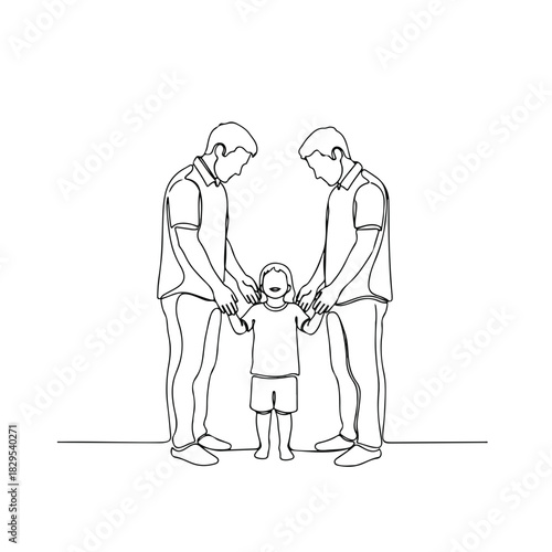 Adoption pets are possible as illustrated by simple one line drawing of two adult men holding hands of child, forming family. Adoption pets are a family theme,