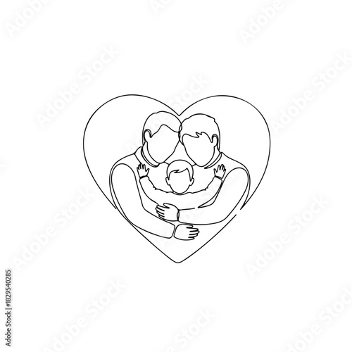 Adoption pets is a heartwarming scene, a family hugging inside heart shape, representing care. Adoption pets showcases support and love in minimalistic drawing.