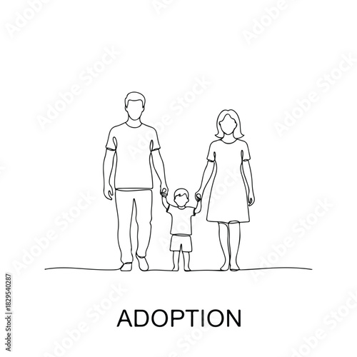 Adoption pets depicted in continuous line drawing with man, woman, and child, representing a family unit, outlines adoption pets theme. Adoption pets illustration, family holds hands symbolizing love,