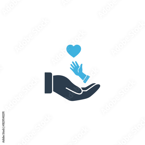 Adoption pets concept featuring open hand with small hand reaching heart shape. Adoption pets symbol stands for pet care, support, and animal adoption. Adoption pets idea is useful for charity events.
