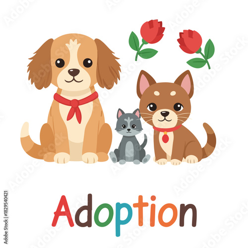 Adoption pets featuring a cartoon dog, cat, and kitten, perfect for animal lovers. Adoption pets symbolize care and companionship. Consider adoption pets for your next campaign,