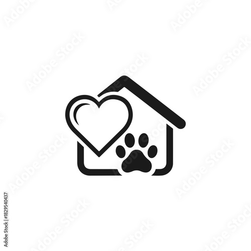 Adoption pets symbol with dog paw inside house outline and heart shape. Adoption pets icon symbolizes animal shelter and rescue, home and love. Commercial concept adoption pets is perfect solution.