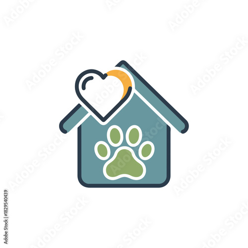 Adoption pets represented by logo with paw print on doghouse and heart above, symbol adoption pets for animal welfare campaigns. Adoption pets graphics show care and compassion,