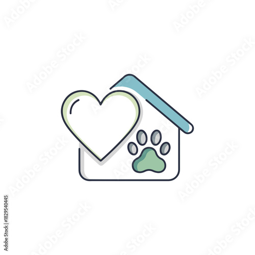 Adoption pets logo with heart and paw print inside house for animal care symbol. Adoption pets concept representing safe haven. Use this adoption pets logo to express the care, love, and shelter,