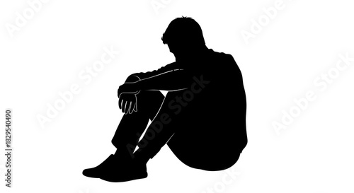 Silhouette of a person sitting on the ground with arms around knees in a black and white illustration