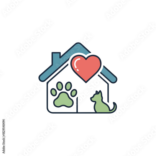 Adoption pets logo with heart symbol, representing home and animal well being. Adoption pets concept shows paw print inside house, symbolizing shelter for adoption pets.
