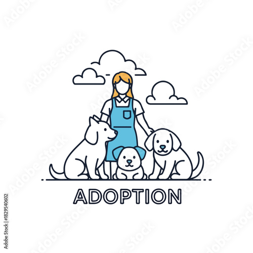 Adoption pets illustrated with a woman in apron with domestic animals. Adoption pets concept with cute dogs and clouds in background.