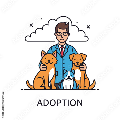 Adoption pets scene with veterinarian hugging pets, including cat and dog. Adoption pets in veterinary clinic, showing caring and compassion.