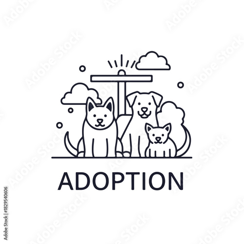 Illustration of adoption pets with happy dogs and sunshine in simple linear style, adoption pets are waiting for loving home. Symbol adoption pets for help dog in shelter,