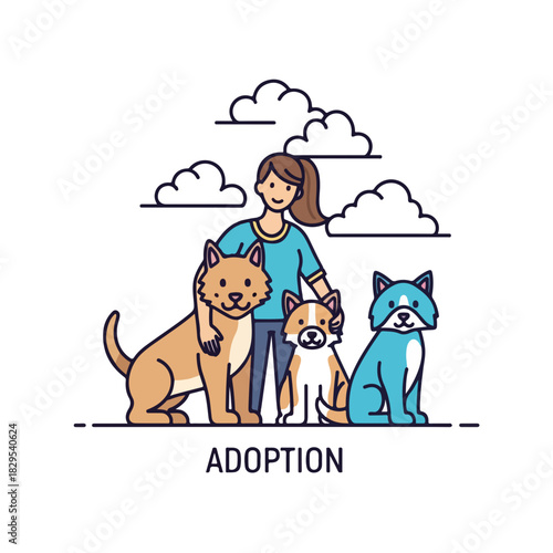 Animal adoption with smiling woman standing next to dogs. Adoption process includes finding loving homes for pets, providing care and veterinary services for them.