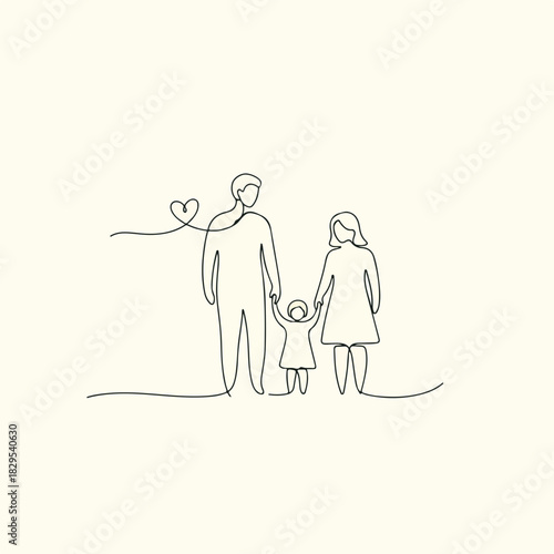 Simple family illustration showing mother, father and child holding hands in single line art. Family love depicted with heart shape. Family illustration for adoption themes,