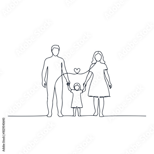 Adoption concept with simple line art depicting mom, dad, and child holding hands with heart above. Adoption design represents family love and togetherness.