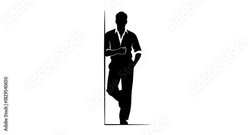 Silhouette of a man leaning against a wall with his hand in his pocket in a white background