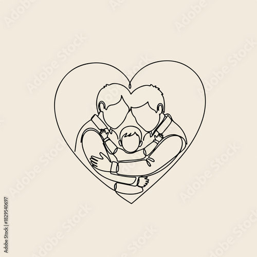 Line art adoption illustration depicting two parents hugging child inside heart shape. Adoption drawing concept shows parental love, affection, and togetherness.