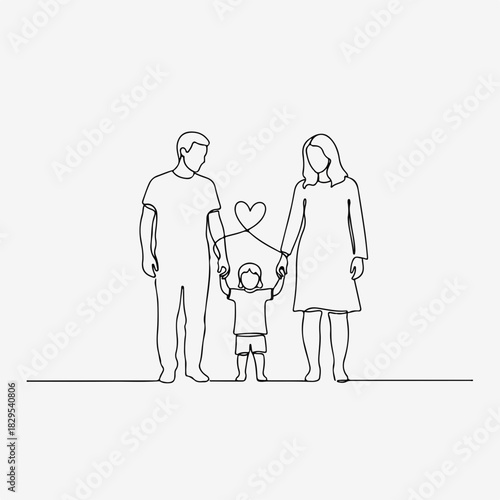 Single line drawing of family illustrating love and adoption, adoption process represented by heart shape between parents and child. Parents holding hands with adopted child,