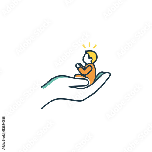 Adoption illustration displays newborn on nurturing human hand, offering safety and care. Adoption highlights concept of protecting childhood, showing compassion for those in need.