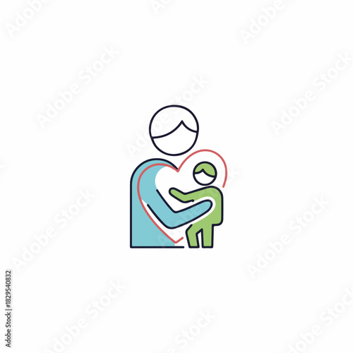 Adoption illustration showing parent embracing child with love, adoption symbolized by heart shape. Adoption creates family bonds. Adoption icon can be used in various online and offline media.