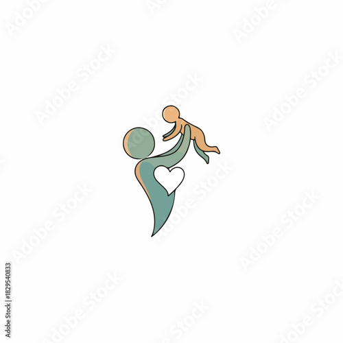 Adoption concept with stylized parent raising baby in air with heart symbol, adoption depicts care and love. Symbolic adoption for families, agency ads, and social awareness.