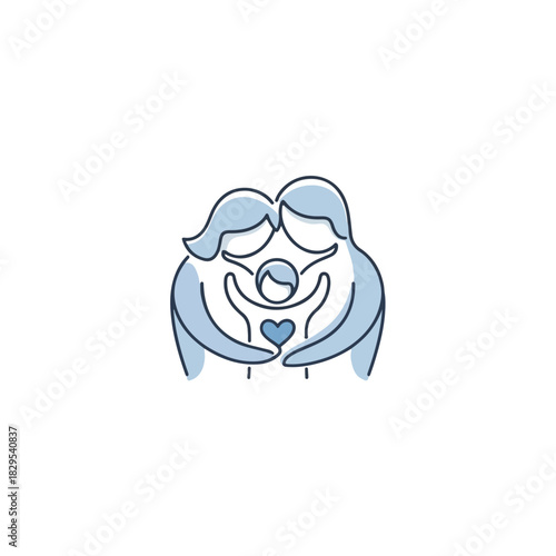 Adoption symbol with a family hugging child, blue heart and hands. Adoption illustrates familial love, togetherness and care for child. Adoption is suitable for promoting adoption agencies,