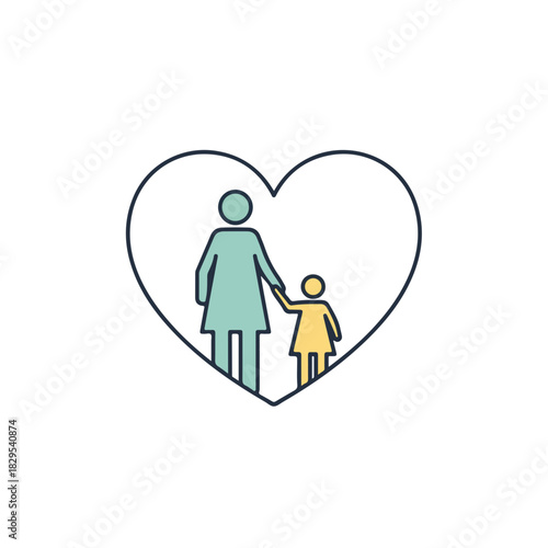 Adoption support emblem with mother and child in heart shape. This family adoption icon shows love and care, representing adoption support. Conceptual adoption icon for fostering and loving families.