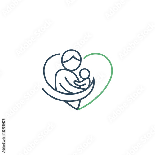 Minimalist mother and child emblem inside green heart shape, creating adoption symbol. Adoption sign features stylized parent holding baby, representing family unity. Conceptual adoption conveys love,