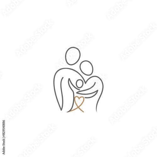 Family outline illustration with parents embracing child over heart shape. Family outline is minimalistic and emphasizes love and togetherness. Promote family outline illustration,