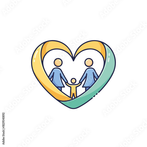 Adoption family with two mothers and child forms caring heart. Adoption family as happy symbol represents social issues and new family bonds.