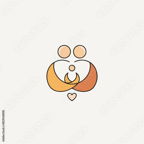 Family logo symbolizes love and unity, showing mom and dad embracing their child within orange and yellow crescents. Family logo design conveys sense of protection and care, love heart beneath.