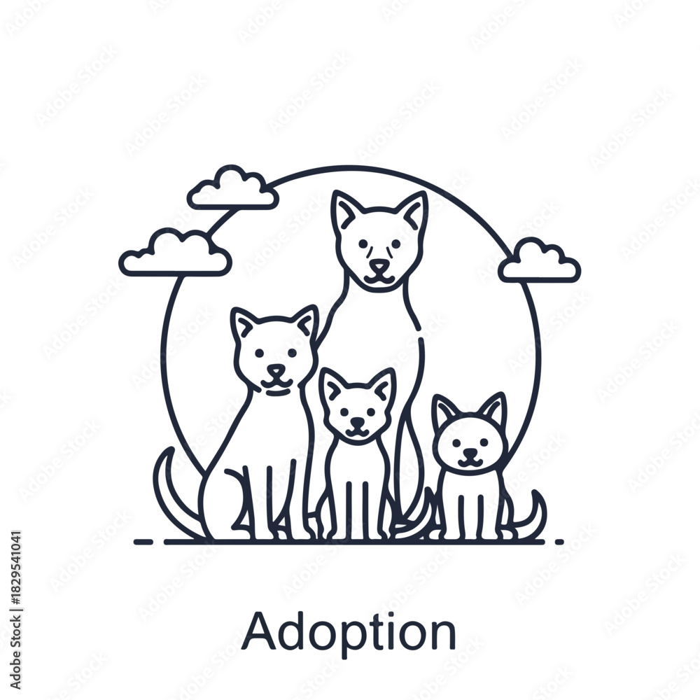 Obraz premium Adoption pets are a heartwarming sight, with a group of animals sitting together, outlined simply. This adoption pets scene features charming line art of domestic friends,