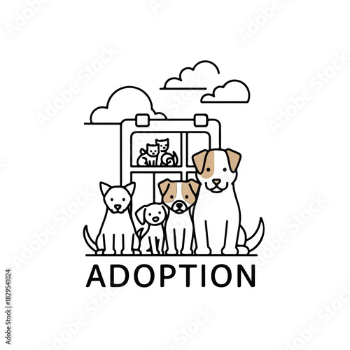 Adoption pets are waiting in shelter with adorable animal faces, happy dogs and kittens behind window. Adoption pets in outline art offer companionship and love.
