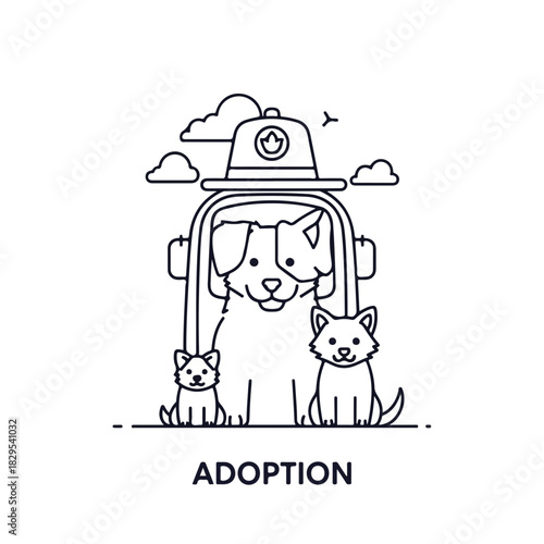 Cute adoption pets featuring dog and cats in rescue shelter with hat on top. Adoption pets illustration for websites, app design, or social media, dog and cats are cute. Adoption pets are in shelter,