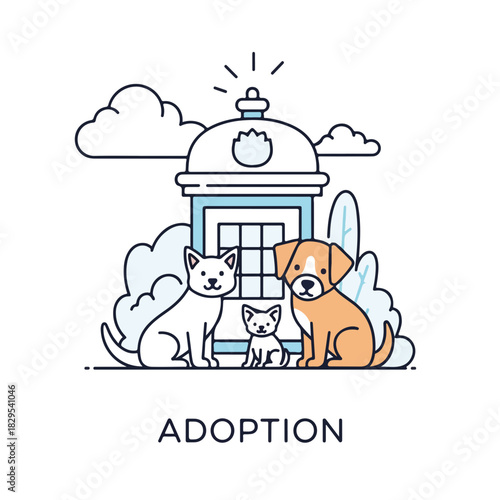 Adoption pets illustration with outline of dogs near shelter, ideal for animal adoption campaign materials. Depicting adoption pets,