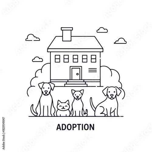 Adoption pets illustration featuring three dogs and one cat in front of house, symbol of family, care, and affection.
