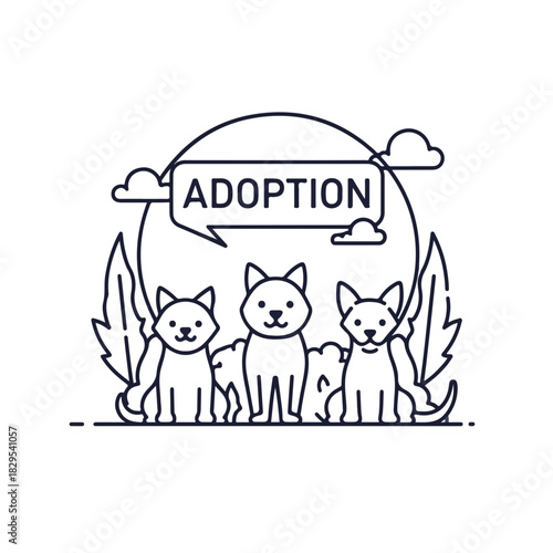 Adoption pets, an adorable line drawing of three kittens awaiting loving families. Adoption pets offer companionship and joy, depicted with simplicity and charm in this illustration.