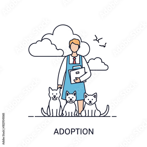 Adoption pets available with volunteer holding clipboard, cute adoption pets are seeking their new owners. Consider adoption pets, they can bring happiness to your home.