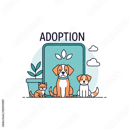 Cute adoption pets with cat and dogs sitting near the adoption sign. Adoption pets are ready for lovely family. Creative adoption pets to encourage people to adopt homeless animals.