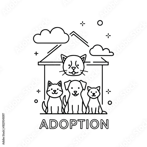 Adoption pets concept: linear illustration of dog, cat, and kitten under stylized house roof. Idea of finding home for adoption pets with the help of animal shelter.