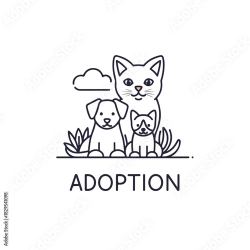 Adoption pets illustration showing dog, cat, and kitten in simple design. Adoption pets graphic portrays care and togetherness for family, friendship, and animal rights.